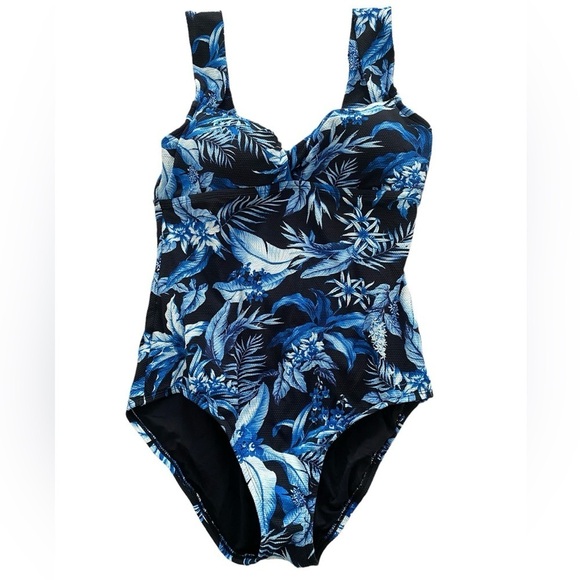 TOMMY BAHAMA Blue & Black Hawaiian Tropical Floral One Piece Swimsuit Women Sz 8 - Picture 1 of 5